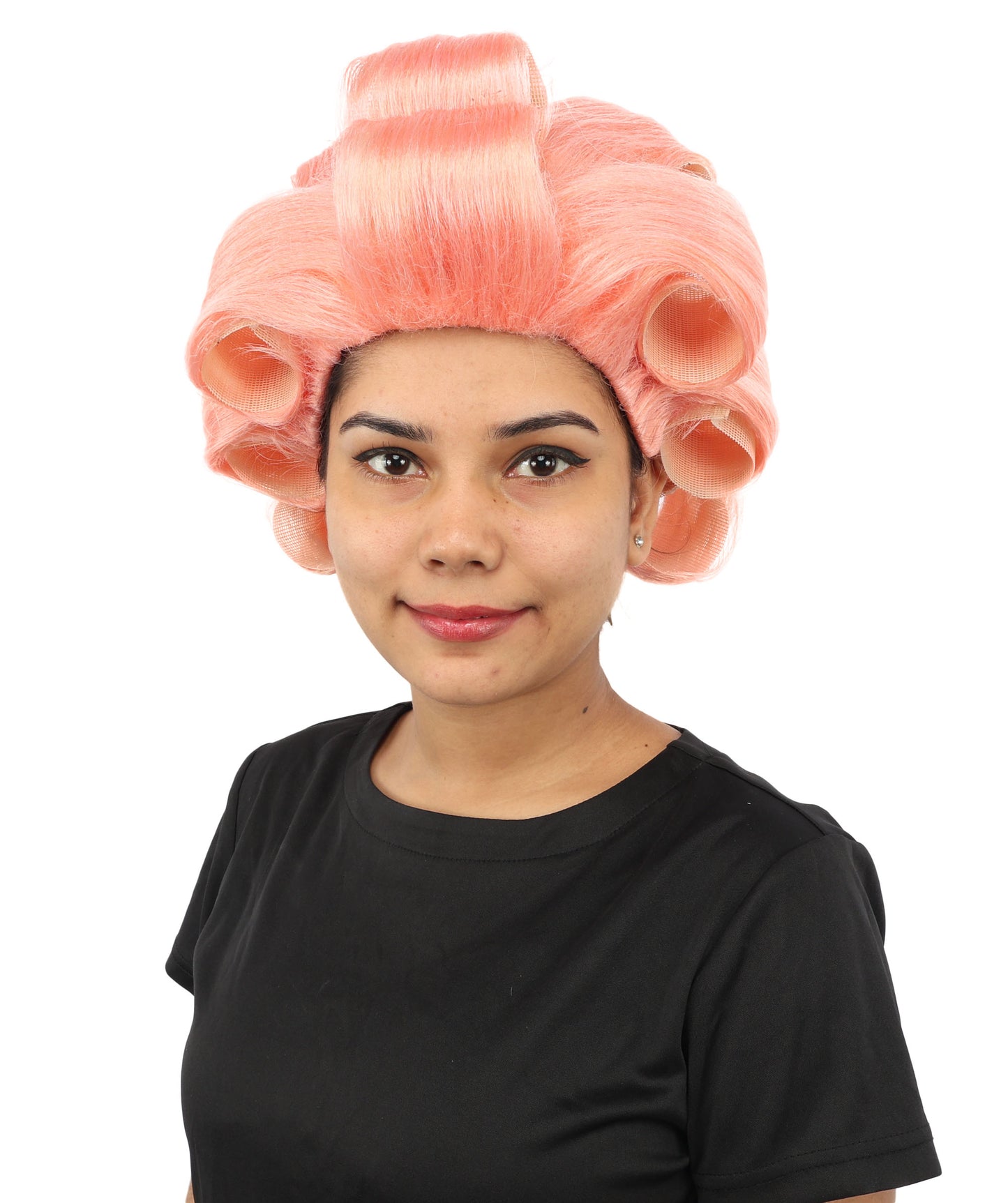 HPO Women's Retro Roller Set Pink Wig | Pastel peach tone, create of synthetic fiber, large cylindrical curler texture, capless cap | Party, Halloween, theater, drag, performance, costume events