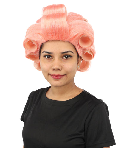 HPO Women's Retro Roller Set Pink Wig | Pastel peach tone, create of synthetic fiber, large cylindrical curler texture, capless cap | Party, Halloween, theater, drag, performance, costume events