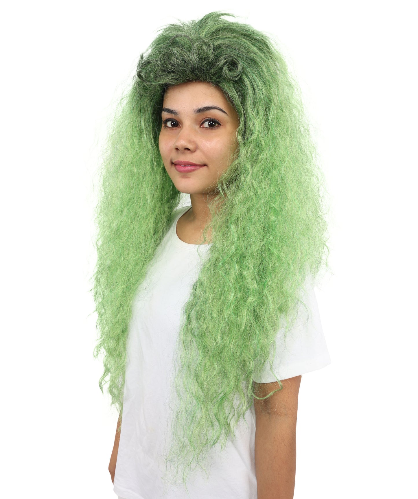 HPO Witch Wig for Women | Extra Long Curly  Hairpiece with Green & Black Blend | Adjustable Inner Cap for Halloween, Cosplay & Stage