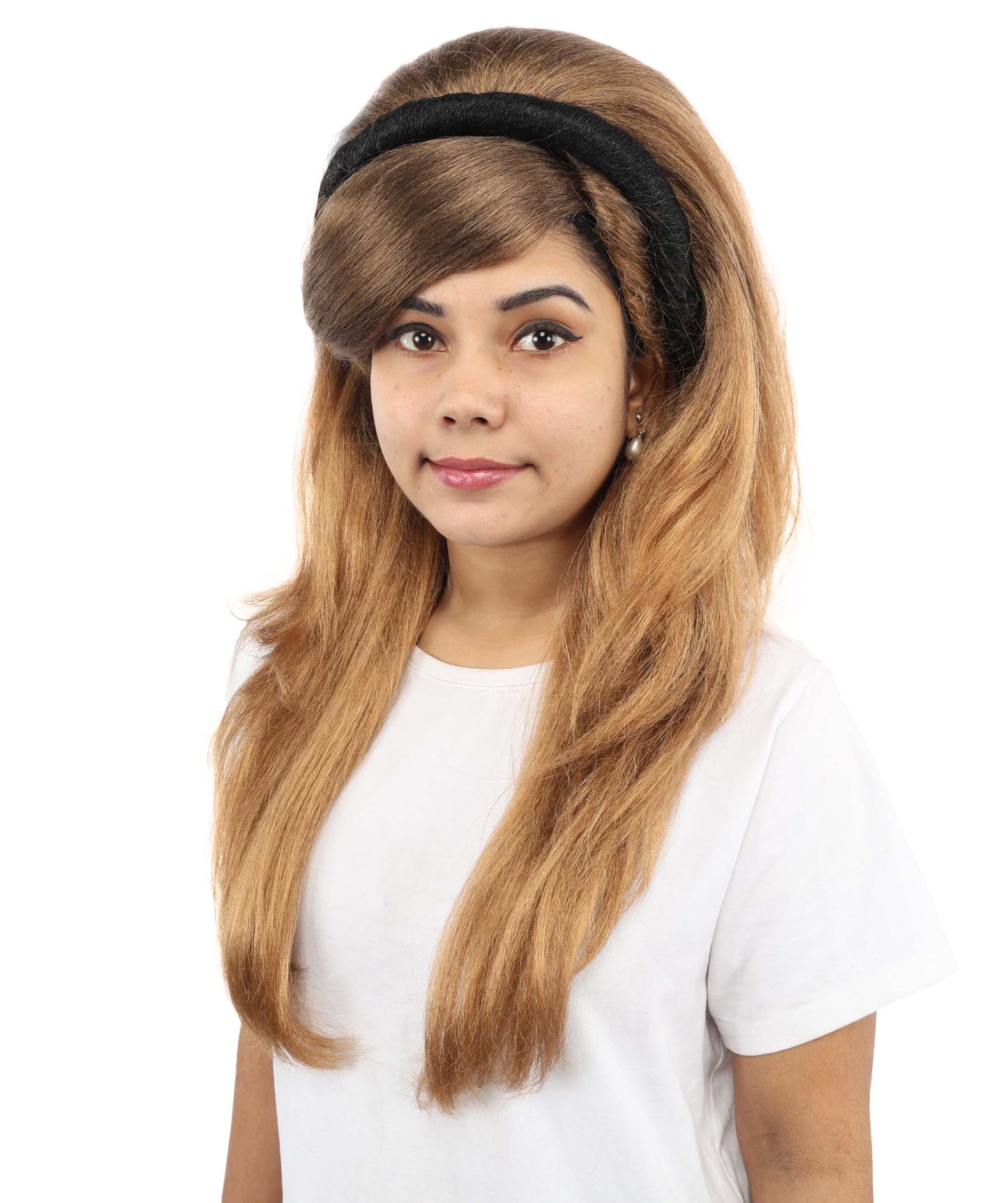 HPO Women's Retro Headband Long Multicolor Wig | 24 Inch Voluminous Honey Brown Swept Bangs | Party Halloween Cosplay Theater Pop Star Costume Events