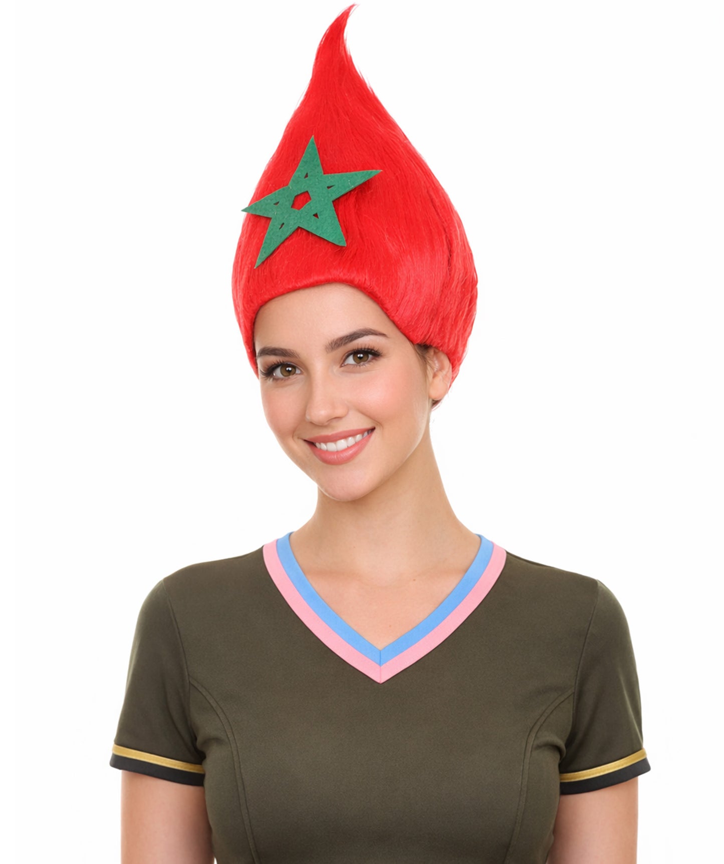 Morocco Flag Sport Troll Wig | Red Fancy Wig | Premium Breathable Capless Cap