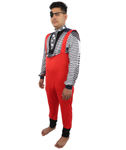 HPO Men's Retro Glam Rock Multicolor Costume | Red Overalls and Starry Shirt with Scarf and Eyepatch | Ideal for Halloween, Theater, Drag, and 70s Music Events
