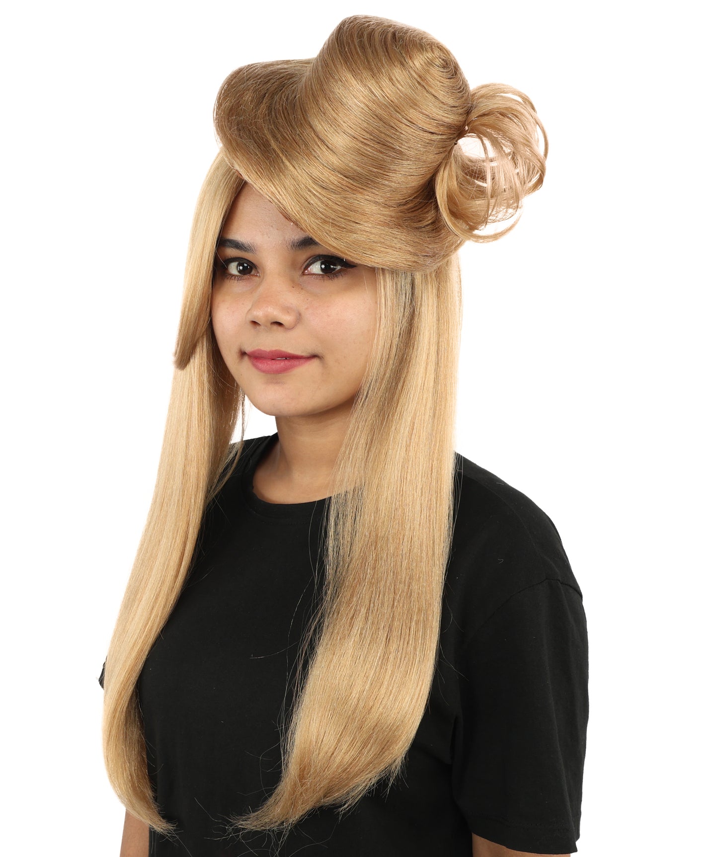 HPO Women's Sculpted Pillbox Hat Wig | Dark honey blonde hue, create of synthetic fiber, integrated 23-inch smooth straight volume with coiled fascinator texture, breathable base | Party, Halloween, theater, drag, performance, costume events