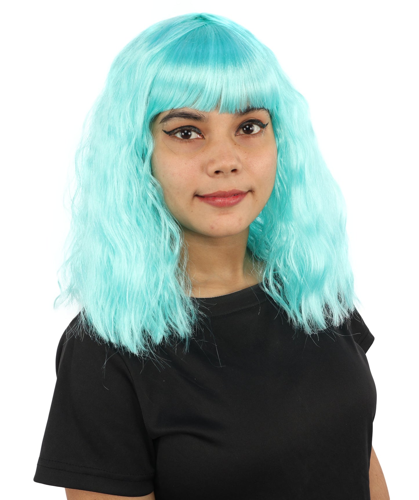 HPO Women's Short Wavy Bob wig | Vibrant aqua cyan, created of flame-retardant synthetic fiber, thick layered texture, breathable cap | Cosplay, drag, performance, themed events