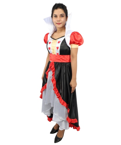 HPO Women’s Flirty Queen of Hearts Costume | Red, Black & White Dress with Crown Headband | Halloween, Cosplay, Stage Performances & Parties