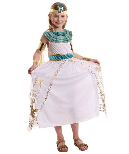 HPO Girl's Royal White Cleopatra Costume | Suitable for Halloween | Flame-retardant Synthetic Fabric