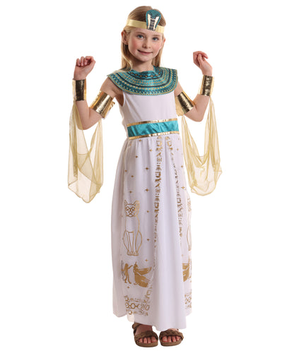 HPO Girl's Royal White Cleopatra Costume | Suitable for Halloween | Flame-retardant Synthetic Fabric