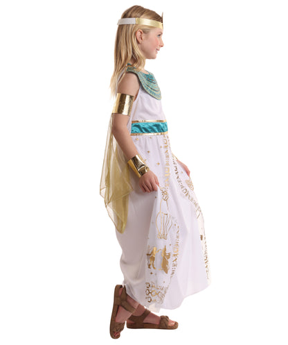 HPO Girl's Royal White Cleopatra Costume | Suitable for Halloween | Flame-retardant Synthetic Fabric
