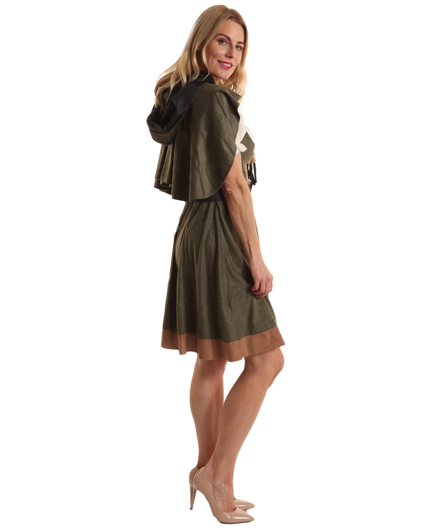Women's Princess of Thieves Olive Color Costume | Hooded Tunic with Dress Belt and Hand Gloves | Princess of Thieves Outfit for Halloween Adventure Parties Cosplay & Swashbuckling-Themed Events