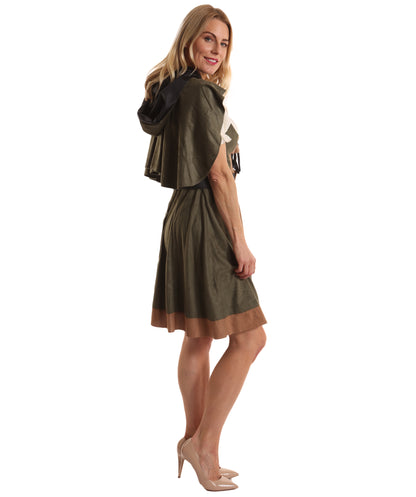 Women's Princess of Thieves Olive Color Costume | Hooded Tunic with Dress Belt and Hand Gloves | Princess of Thieves Outfit for Halloween Adventure Parties Cosplay & Swashbuckling-Themed Events