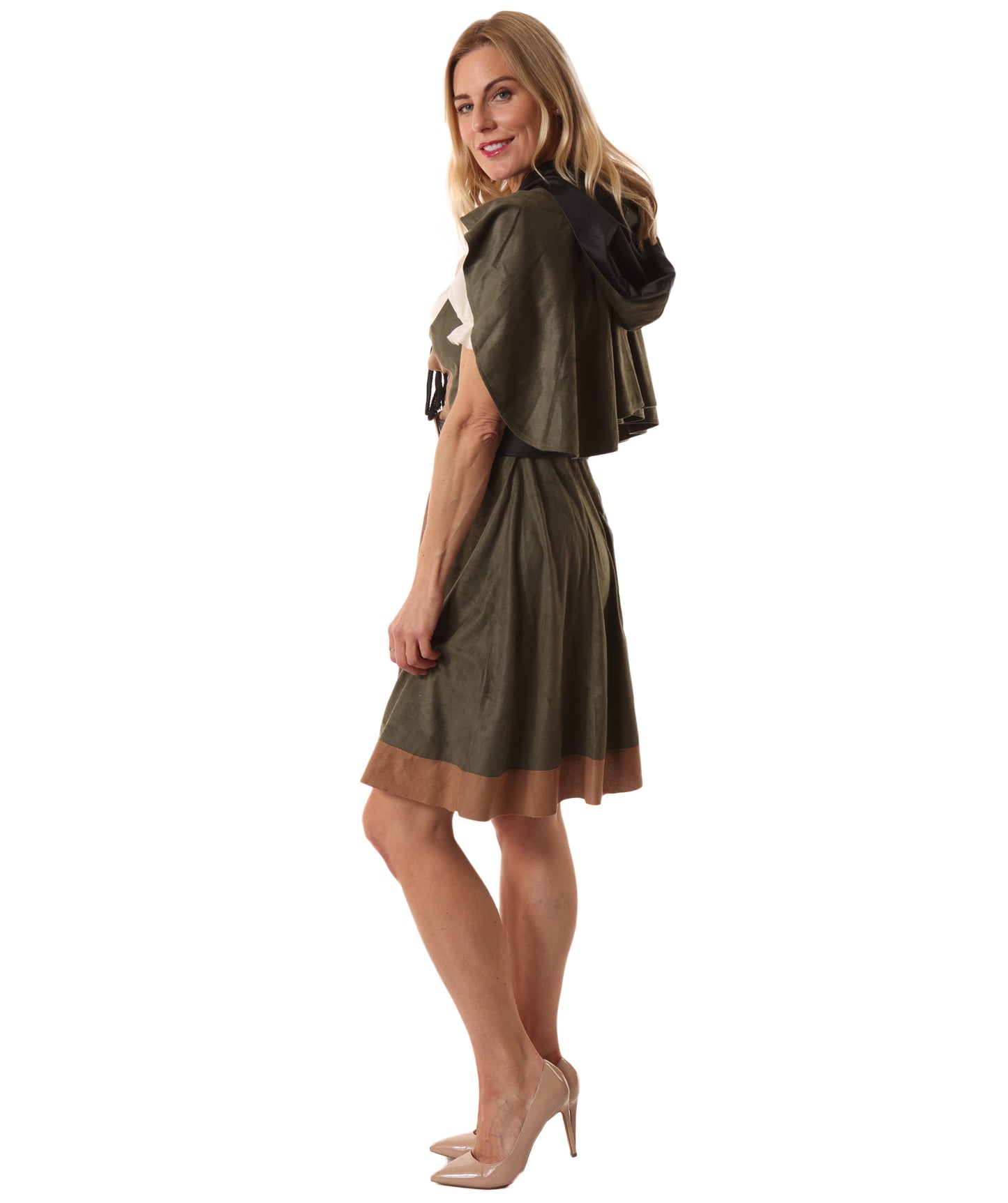 Women's Princess of Thieves Olive Color Costume | Hooded Tunic with Dress Belt and Hand Gloves | Princess of Thieves Outfit for Halloween Adventure Parties Cosplay & Swashbuckling-Themed Events