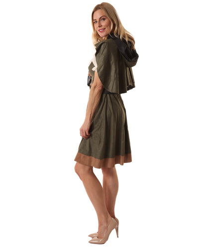Women's Princess of Thieves Olive Color Costume | Hooded Tunic with Dress Belt and Hand Gloves | Princess of Thieves Outfit for Halloween Adventure Parties Cosplay & Swashbuckling-Themed Events