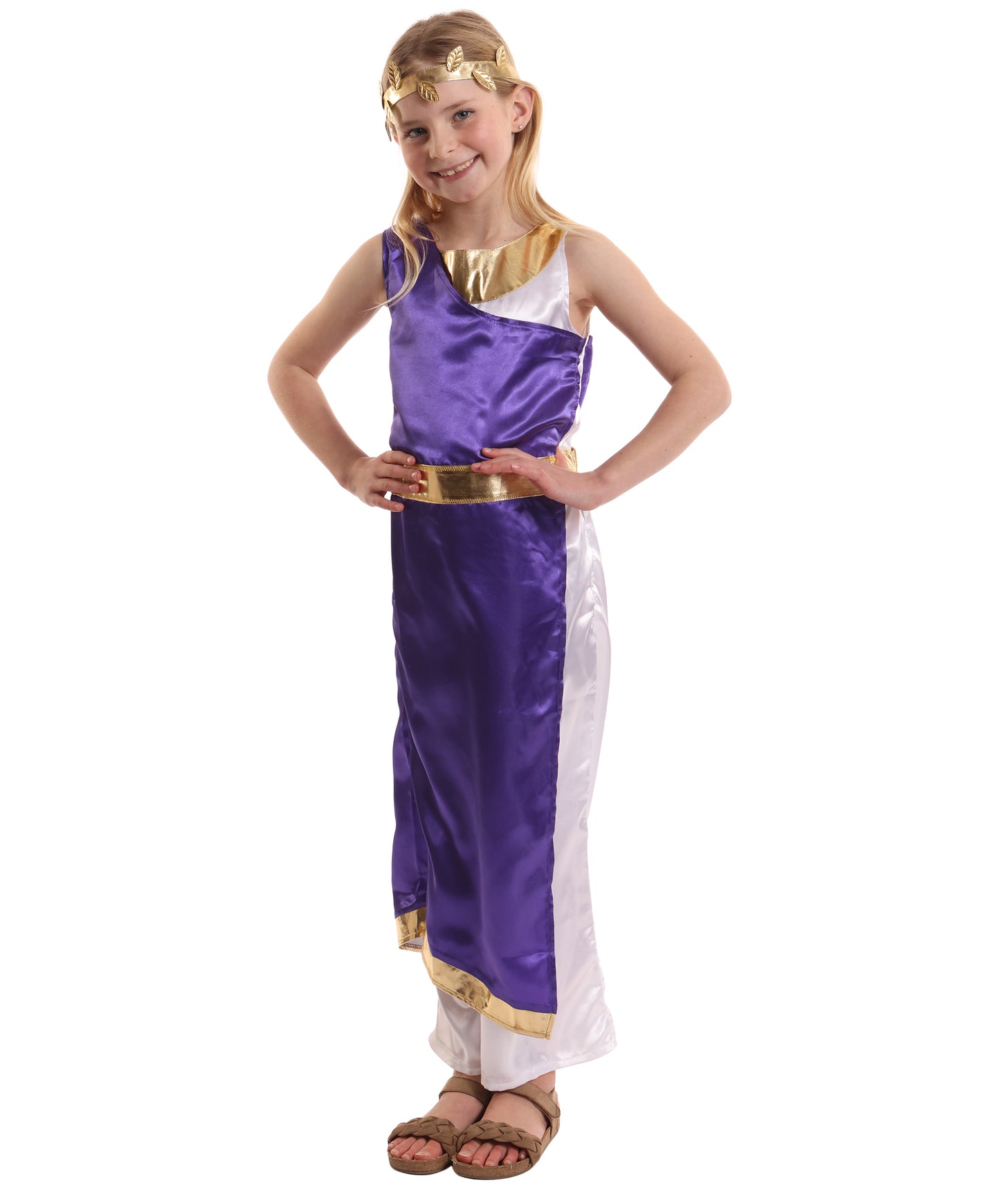 HPO Elegant Ancient Roman Purple & White Roman Toga Costume for Girls | Suitable for Halloween | Flame-retardant Synthetic Fabric