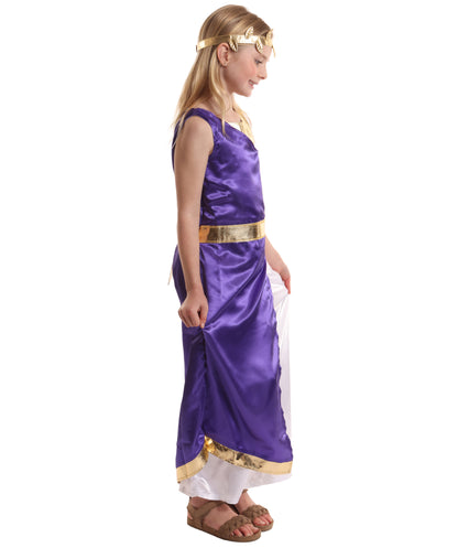 HPO Elegant Ancient Roman Purple & White Roman Toga Costume for Girls | Suitable for Halloween | Flame-retardant Synthetic Fabric