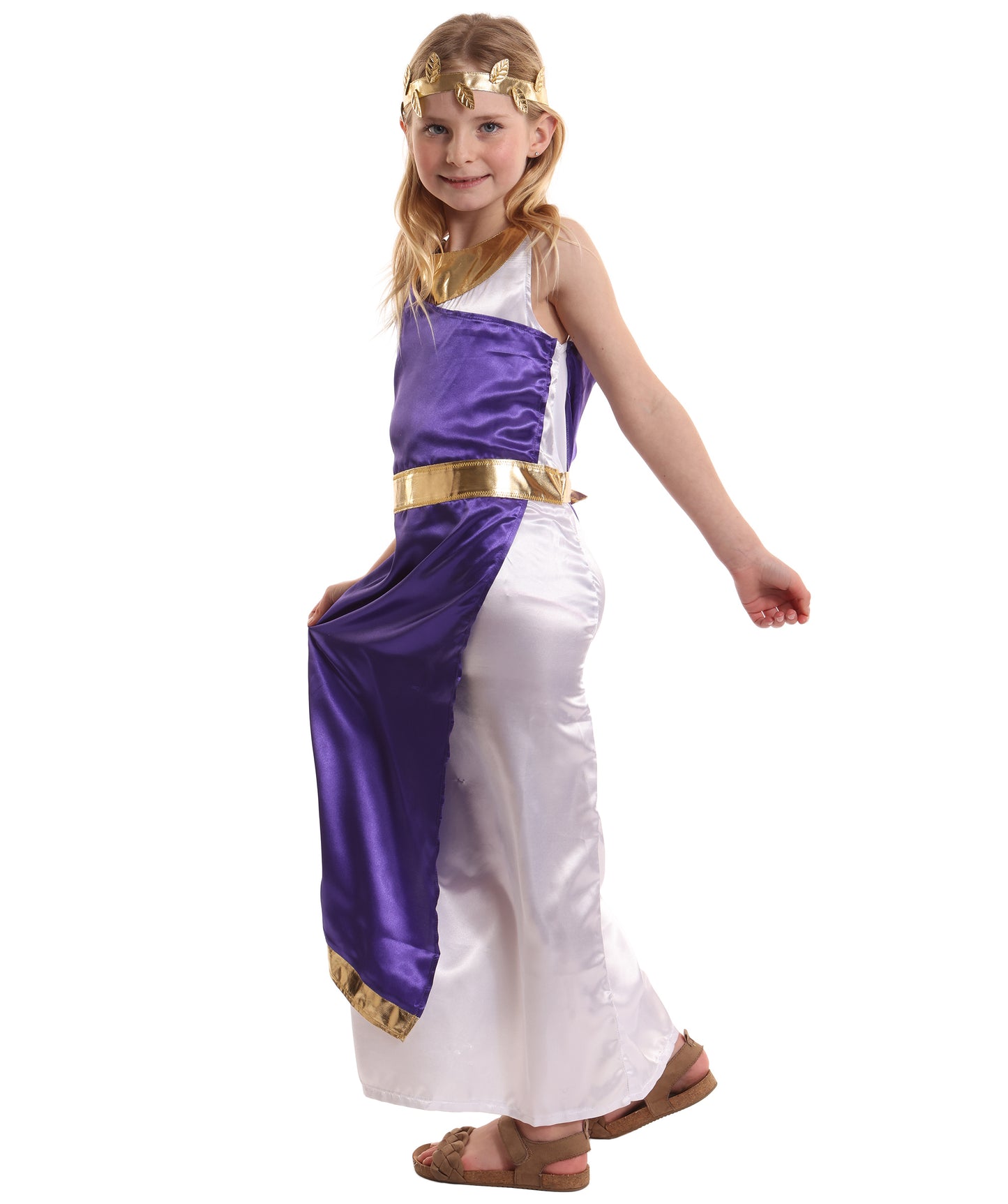 HPO Elegant Ancient Roman Purple & White Roman Toga Costume for Girls | Suitable for Halloween | Flame-retardant Synthetic Fabric