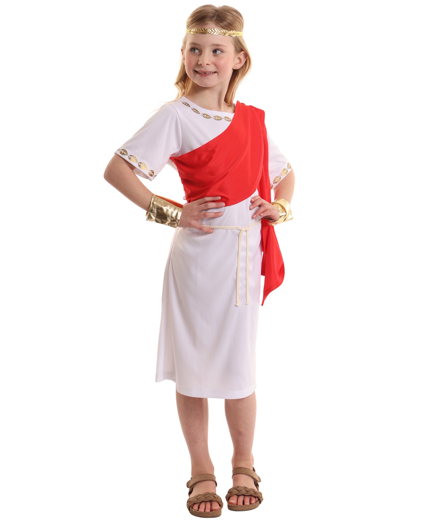 HPO Girl's Elegant Ancient Red and White Roman Toga Costume | Suitable for Halloween | Flame-retardant Synthetic Fabric
