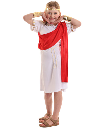 HPO Girl's Elegant Ancient Red and White Roman Toga Costume | Suitable for Halloween | Flame-retardant Synthetic Fabric