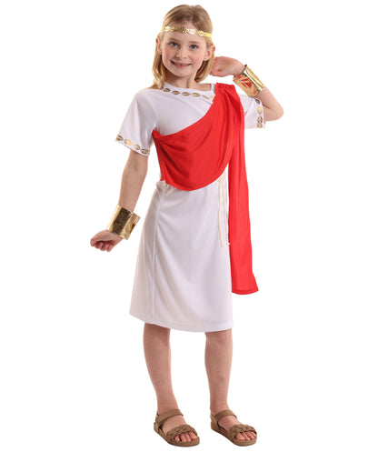 HPO Girl's Elegant Ancient Red and White Roman Toga Costume | Suitable for Halloween | Flame-retardant Synthetic Fabric
