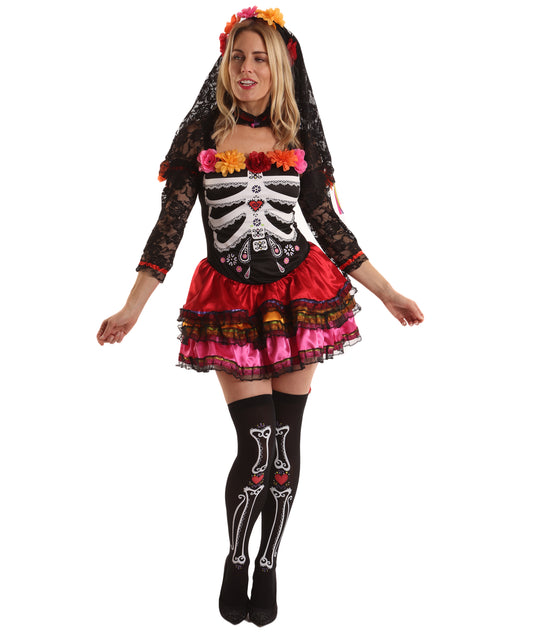 HPO Adult Day of the Dead Senorita Multiple Costume | Colorful Dress with Floral Accents | Halloween Cosplay Stage Performances Theme Parties & Roleplay