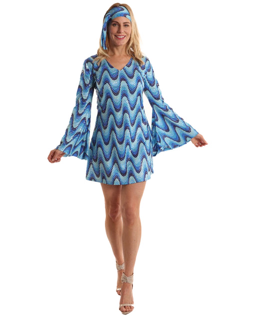 Ladies 70’s Go Go Women Multiple Color Dress | Retro Mini Mod Outfit with Accessories | Halloween Disco Parties Cosplay, Stage & Roleplay Events