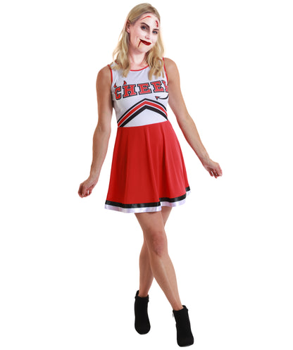 Zombie Cheer leader Red and White Costume | Tattered Cheer Dress costume | Spooky Cheerleader Outfit for Halloween Costume Roleplay & Themed Events