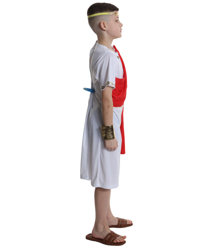 HPO Elegant Ancient Roman White and Red Toga Boy Costume | Suitable for Halloween | Flame-retardant Synthetic Fabric
