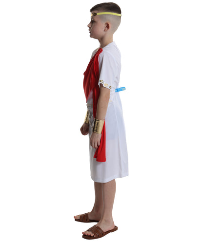 HPO Elegant Ancient Roman White and Red Toga Boy Costume | Suitable for Halloween | Flame-retardant Synthetic Fabric