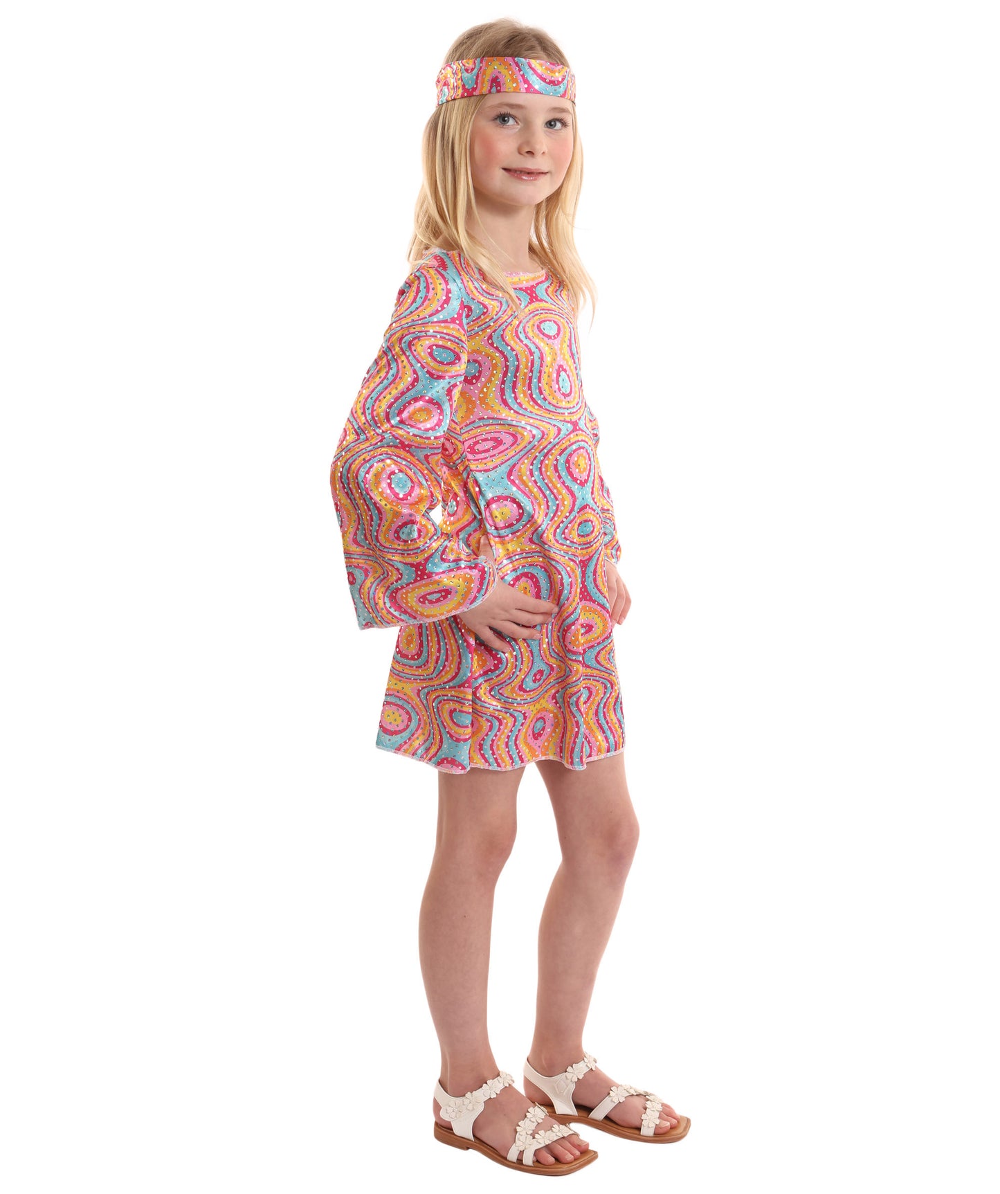 HPO Girl's Groovy 70s Hippie Disco Costume | Suitable for Halloween | Flame-retardant Synthetic Fabric