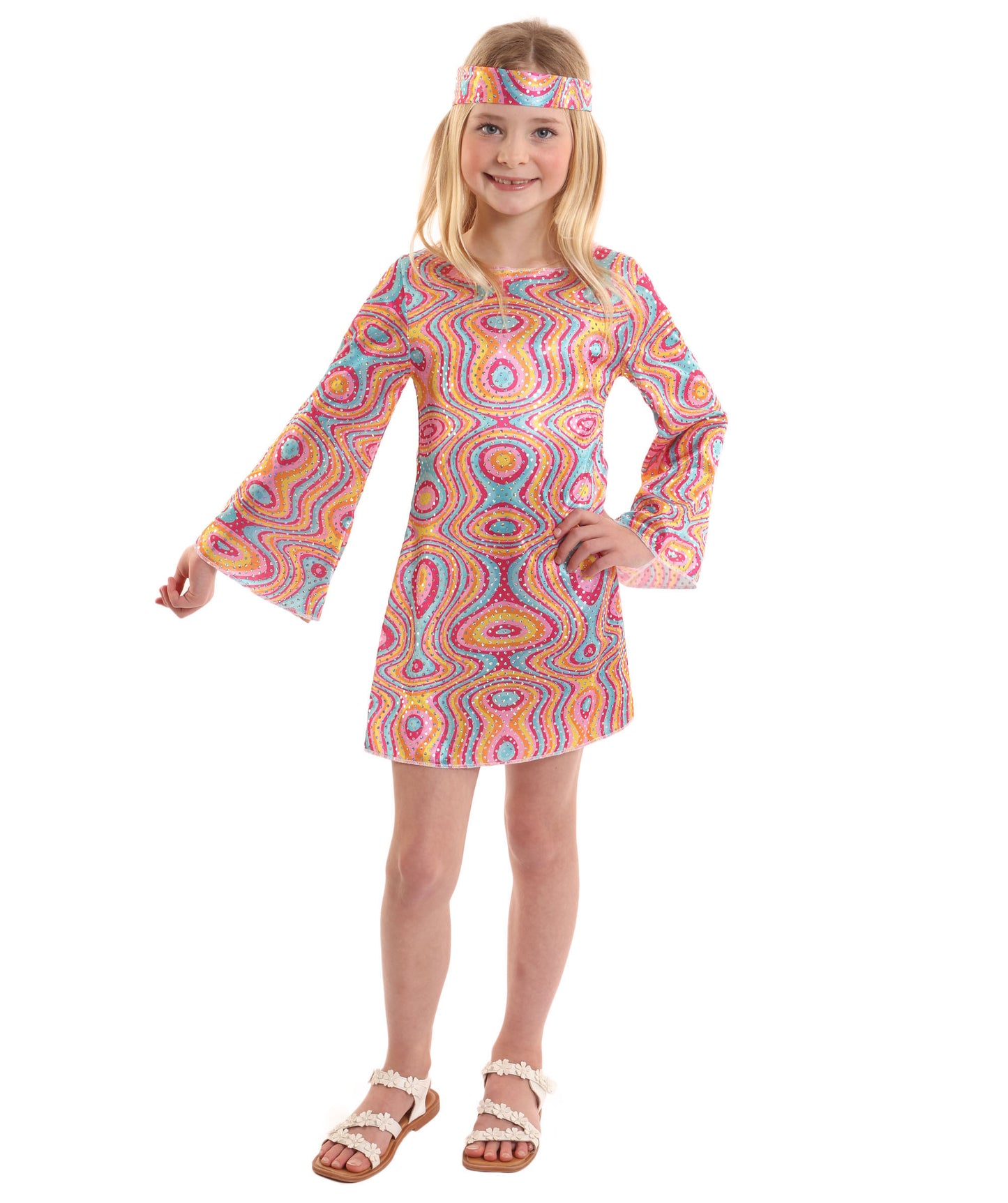 HPO Girl's Groovy 70s Hippie Disco Costume | Suitable for Halloween | Flame-retardant Synthetic Fabric