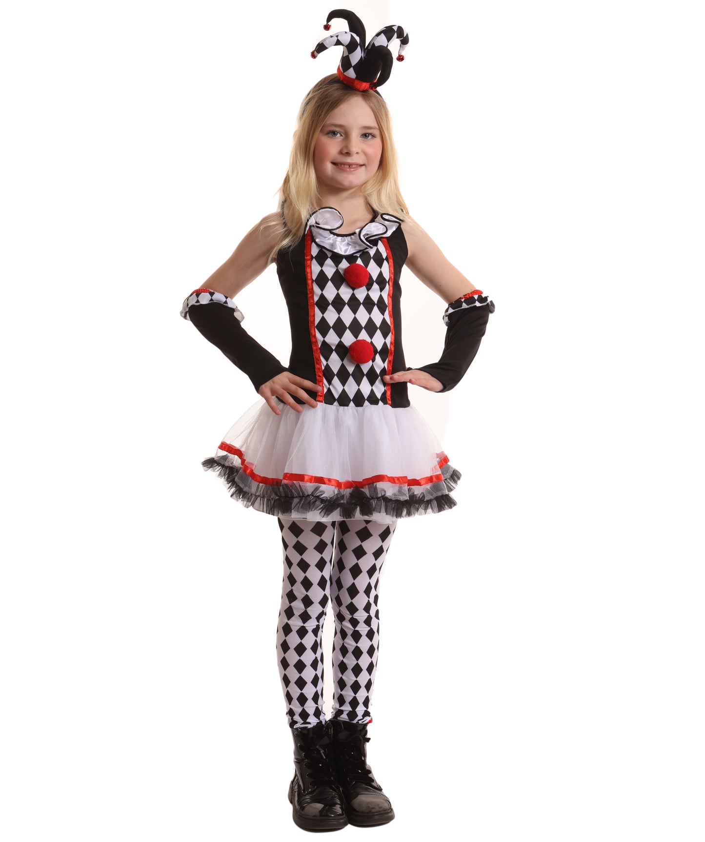 HPO Teen’s Harlequin Honey Costume | Black & White Diamond Dress with Ruffledit Collar | Halloween Cosplay Masquerade & Themed Party