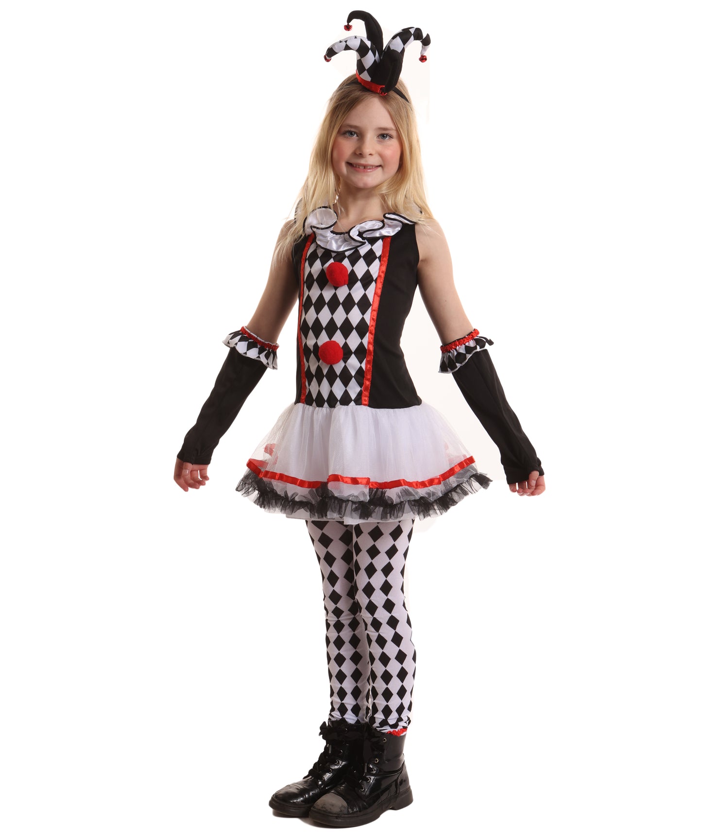 HPO Teen’s Harlequin Honey Costume | Black & White Diamond Dress with Ruffledit Collar | Halloween Cosplay Masquerade & Themed Party