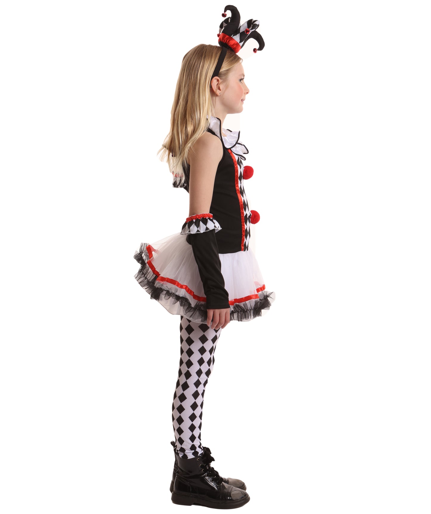 HPO Teen’s Harlequin Honey Costume | Black & White Diamond Dress with Ruffledit Collar | Halloween Cosplay Masquerade & Themed Party