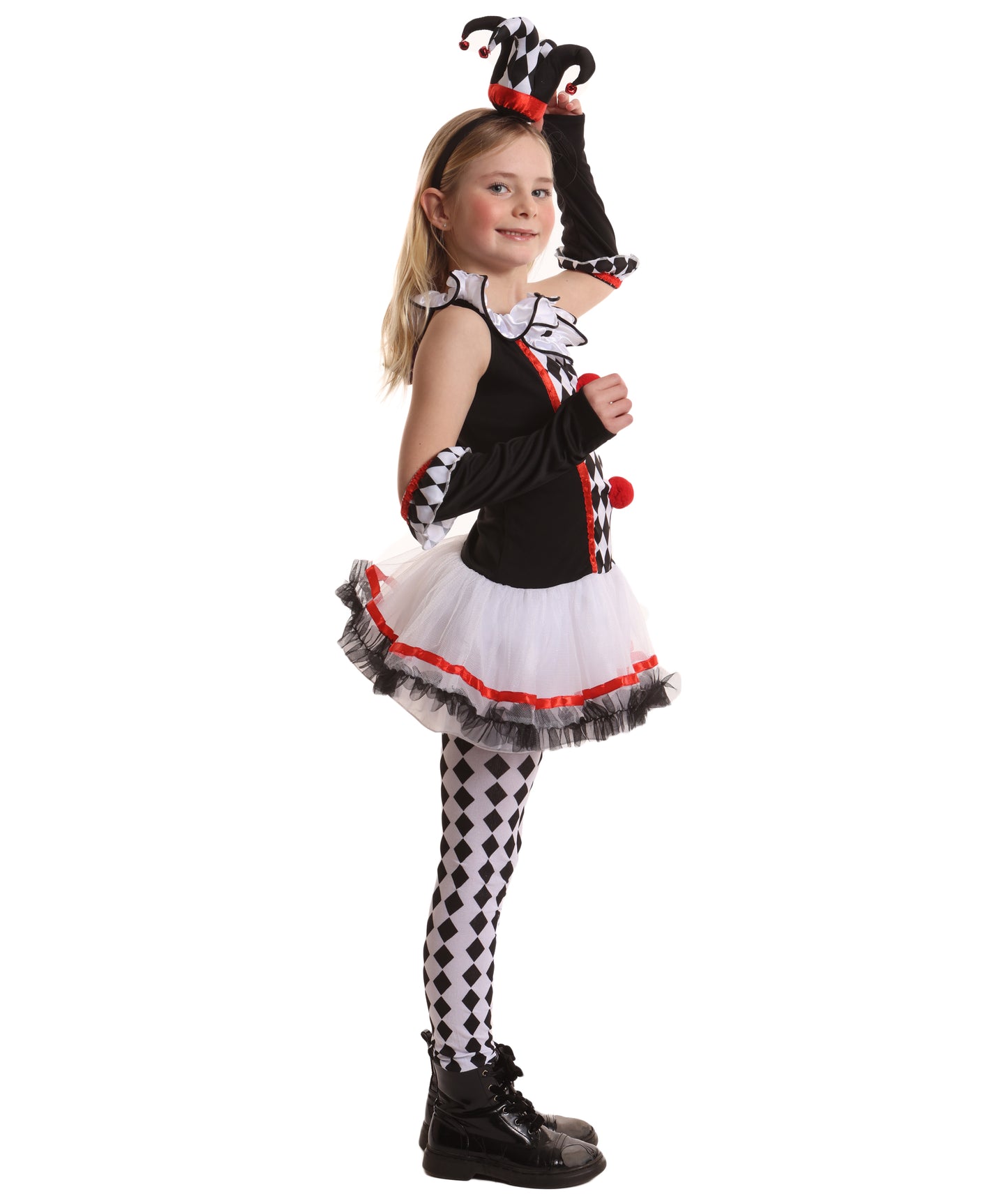 HPO Teen’s Harlequin Honey Costume | Black & White Diamond Dress with Ruffledit Collar | Halloween Cosplay Masquerade & Themed Party