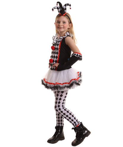 HPO Teen’s Harlequin Honey Costume | Black & White Diamond Dress with Ruffledit Collar | Halloween Cosplay Masquerade & Themed Party