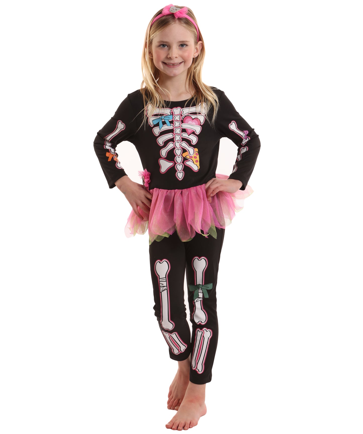 HPO Teen’s Fancy Skelly Bones Black and Pink Costume | Elegant Skeleton Print Dress with Tulle Accents | Halloween Cosplay Stage Performances & Themed Parties