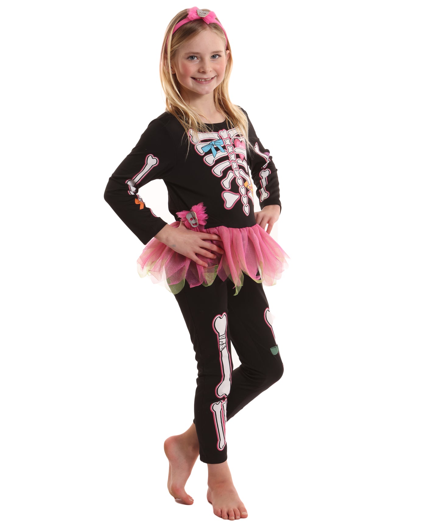 HPO Teen’s Fancy Skelly Bones Black and Pink Costume | Elegant Skeleton Print Dress with Tulle Accents | Halloween Cosplay Stage Performances & Themed Parties