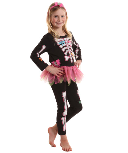 HPO Teen’s Fancy Skelly Bones Black and Pink Costume | Elegant Skeleton Print Dress with Tulle Accents | Halloween Cosplay Stage Performances & Themed Parties