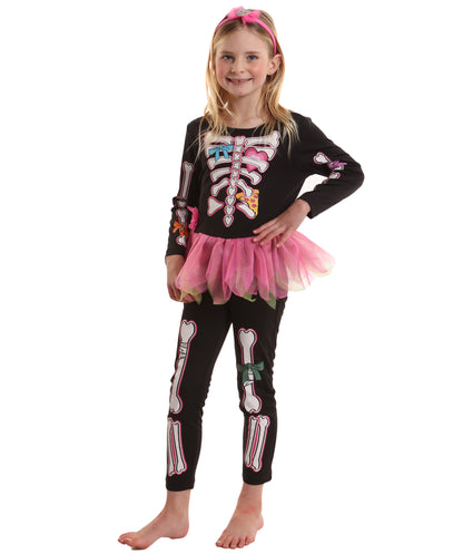 HPO Teen’s Fancy Skelly Bones Black and Pink Costume | Elegant Skeleton Print Dress with Tulle Accents | Halloween Cosplay Stage Performances & Themed Parties