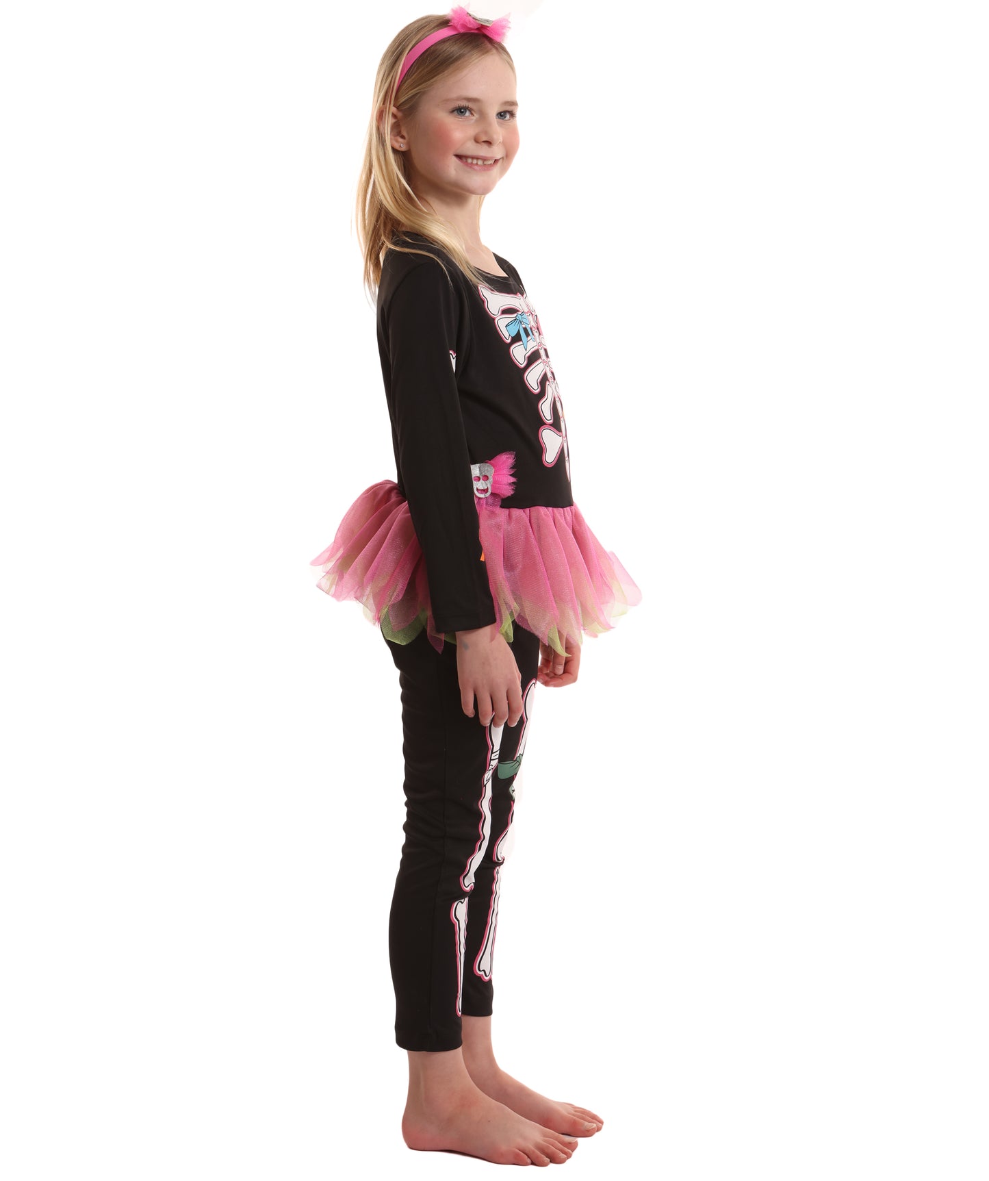 HPO Teen’s Fancy Skelly Bones Black and Pink Costume | Elegant Skeleton Print Dress with Tulle Accents | Halloween Cosplay Stage Performances & Themed Parties