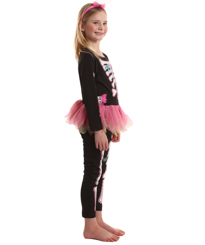 HPO Teen’s Fancy Skelly Bones Black and Pink Costume | Elegant Skeleton Print Dress with Tulle Accents | Halloween Cosplay Stage Performances & Themed Parties