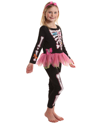 HPO Teen’s Fancy Skelly Bones Black and Pink Costume | Elegant Skeleton Print Dress with Tulle Accents | Halloween Cosplay Stage Performances & Themed Parties