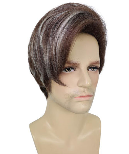 HPO Men’s Short Brown Wig with Blonde Highlights | Natural-Looking Layered Style Costume Wig for Cosplay, Party, or Daily Use | Synthetic Hair