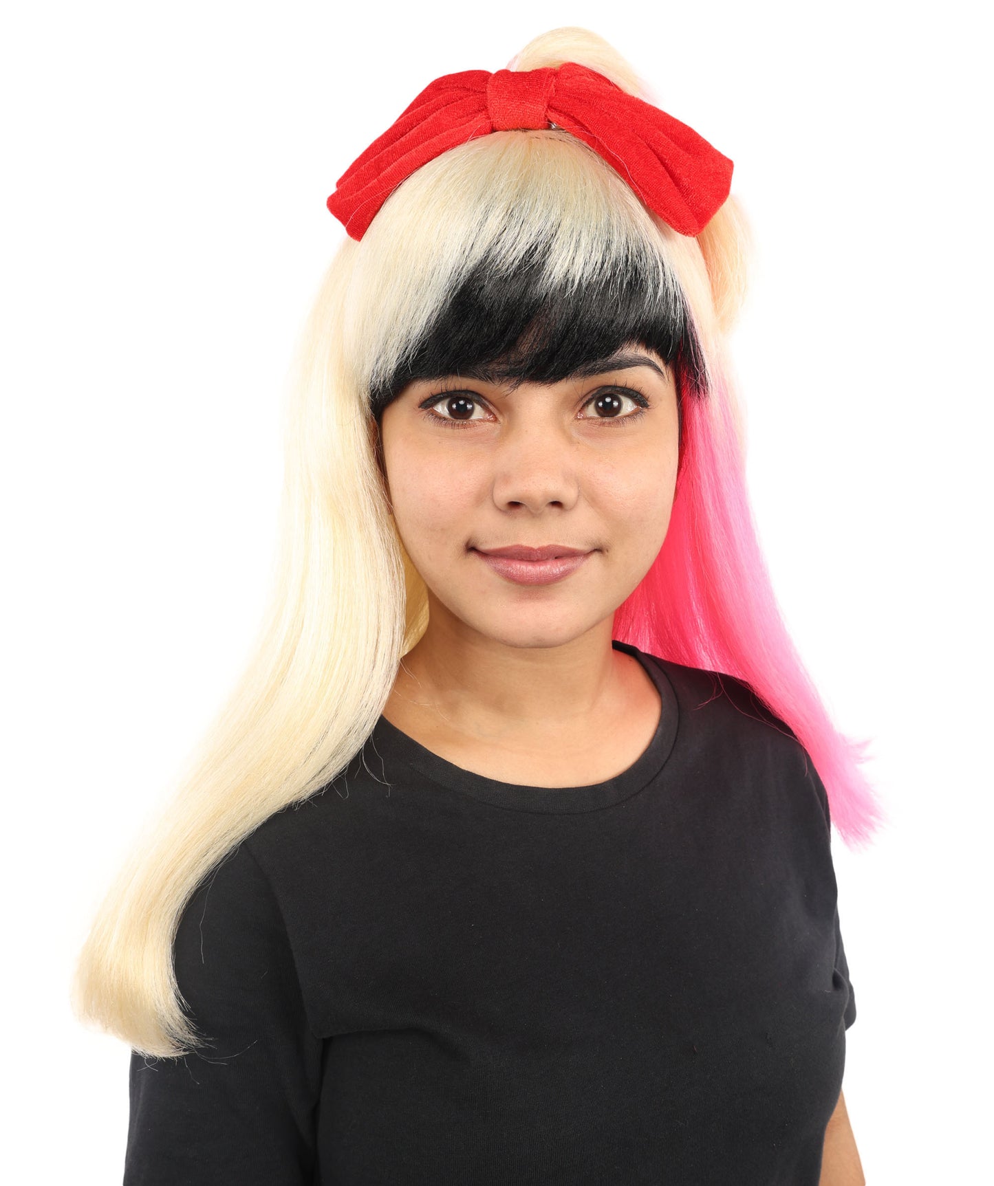 HPO Women’s Black & Blonde Medium-Length Straight Wig with Pink Tips | Flame-retardant Synthetic Fiber | Lightweight Capless Design for Halloween and Cosplay