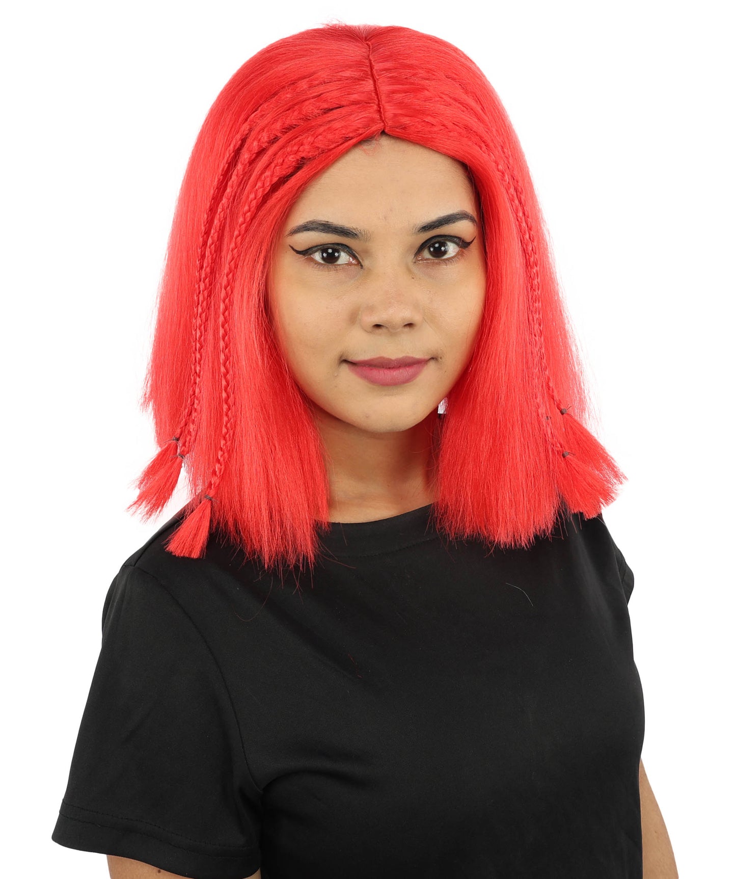 HPO Celebrity-Style 11 Inch Green Rooted Blonde Front Braided Straight Wig | Shoulder-Length Fun, Bold, and Stylish Hairpiece  | Ideal for Halloween, Cosplay, and Themed Parties
