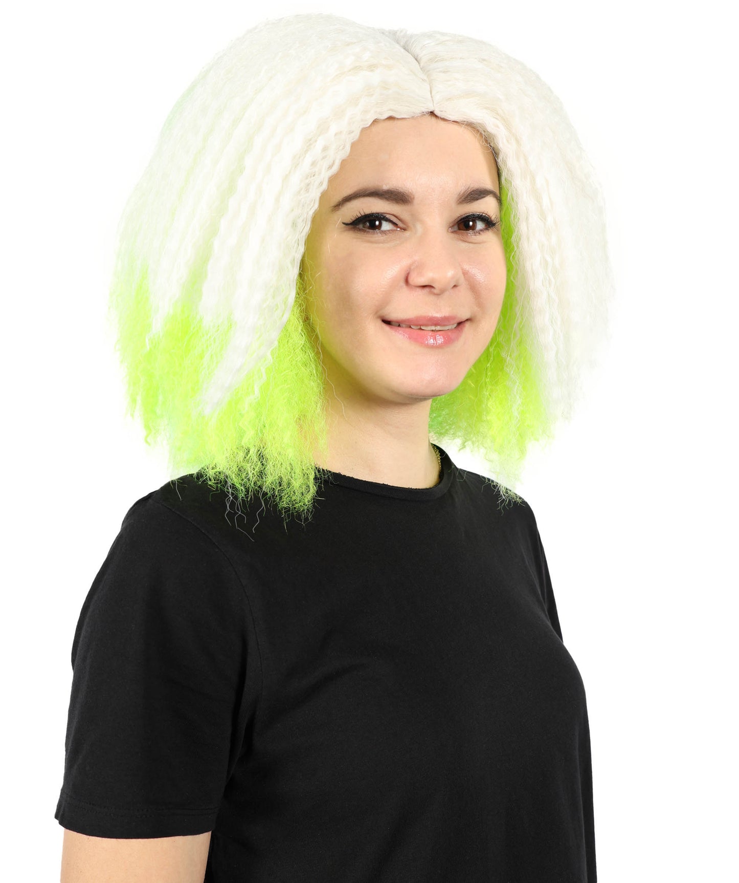 HPO Women’s Gothic Ghost-Inspired White and Neon Green Crimped Wig with Volume and Texture | Synthetic Hairpiece for Halloween, Cosplay & Themed Parties |Flame-retardant Synthetic Fiber