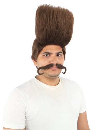 HPO Adult Men's Tall Flat Top Wig and Mustache | Vertical Dark Pompadour with Long Handlebar Facial Hair, Synthetic Fiber & Breathable Net | Halloween, Carnival, Stage Performance & Roleplay