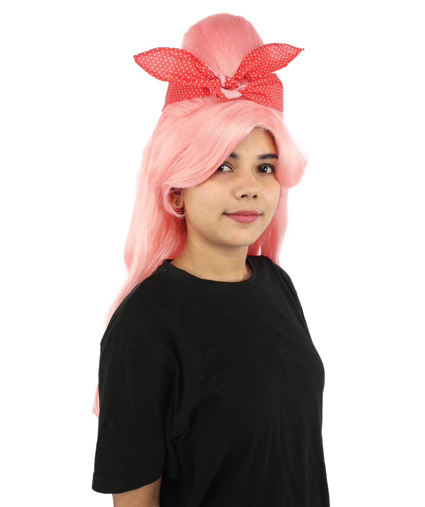HPO Women’s Retro Beehive Wig with Red Bow | Multicolor Options | Extra Long Wavy Fancy Dress Accessory | Fancy Dress Accessory | Celebrity-Inspired Hair for Halloween, Cosplay & Music Tribute Parties