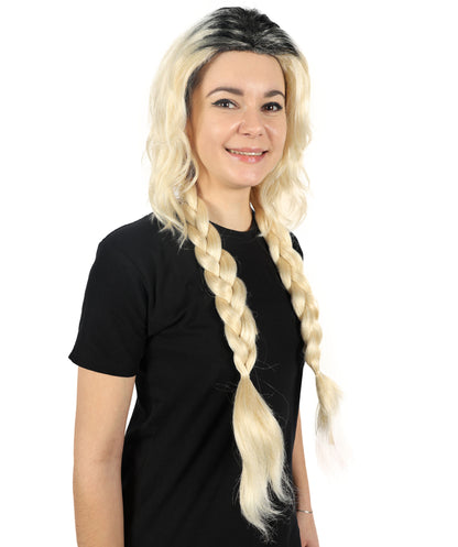 HPO Adult Women Sabrina Carpenter-Inspired Black and Blonde Wig with Braids - Perfect for  & Costumes, Long Synthetic Hair with Adjustable Cap for Comfort & Style, Halloween, & Themed Parties