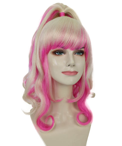HPO Women’s Fairy Fantasy Blonde & Pink Magical High Ponytail Wig | Halloween and Cosplay Wig | Flame-retardant Synthetic Fiber