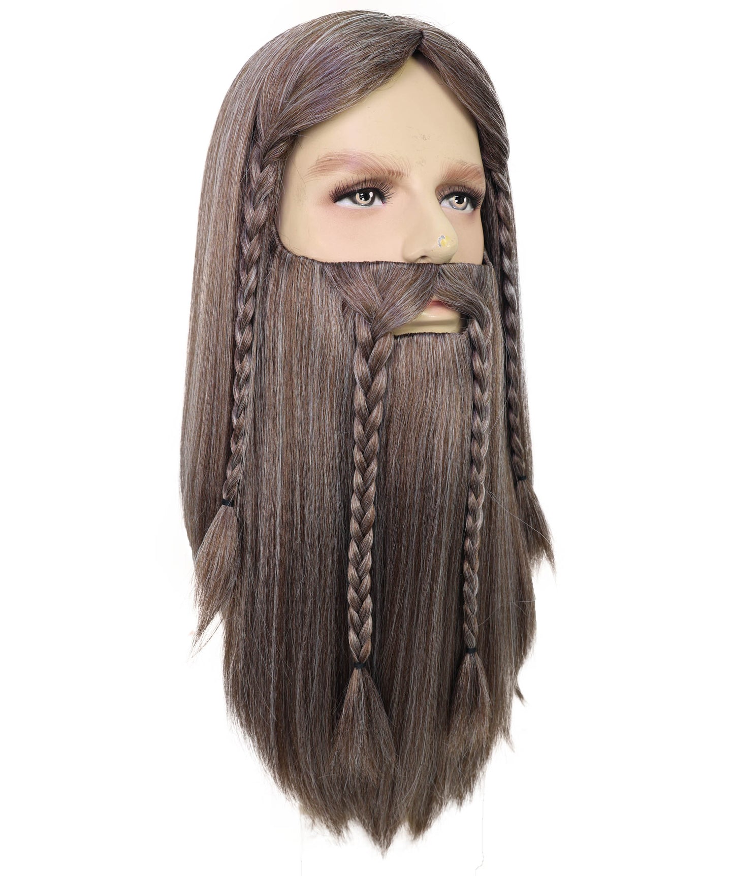 HPO Men’s Deluxe Long Wig & Beard Mustache Set | Ash Brown Braided Viking Style Costume Hair | Ideal for Halloween | Breathable Capless Cap